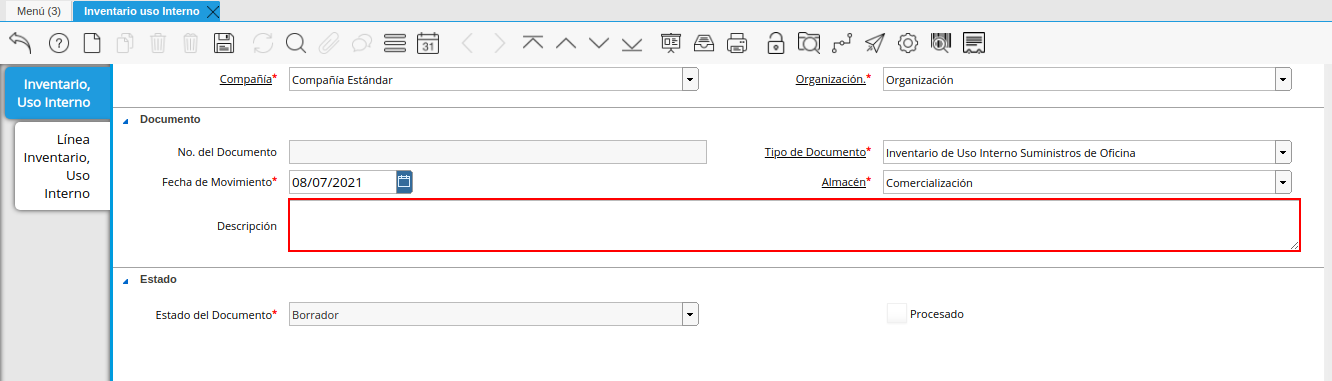 campo descripción de la ventana inventario uso interno