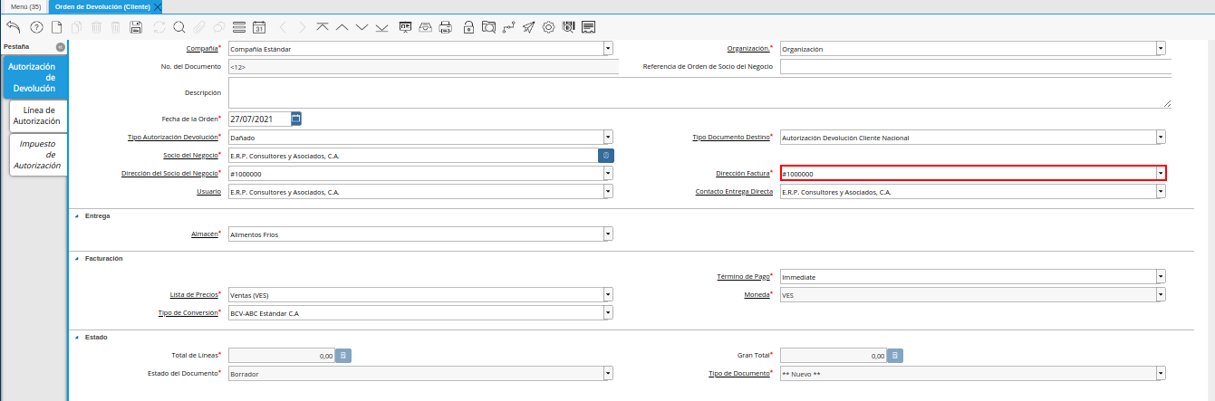 campo dirección factura de la ventana orden de devolución cliente
