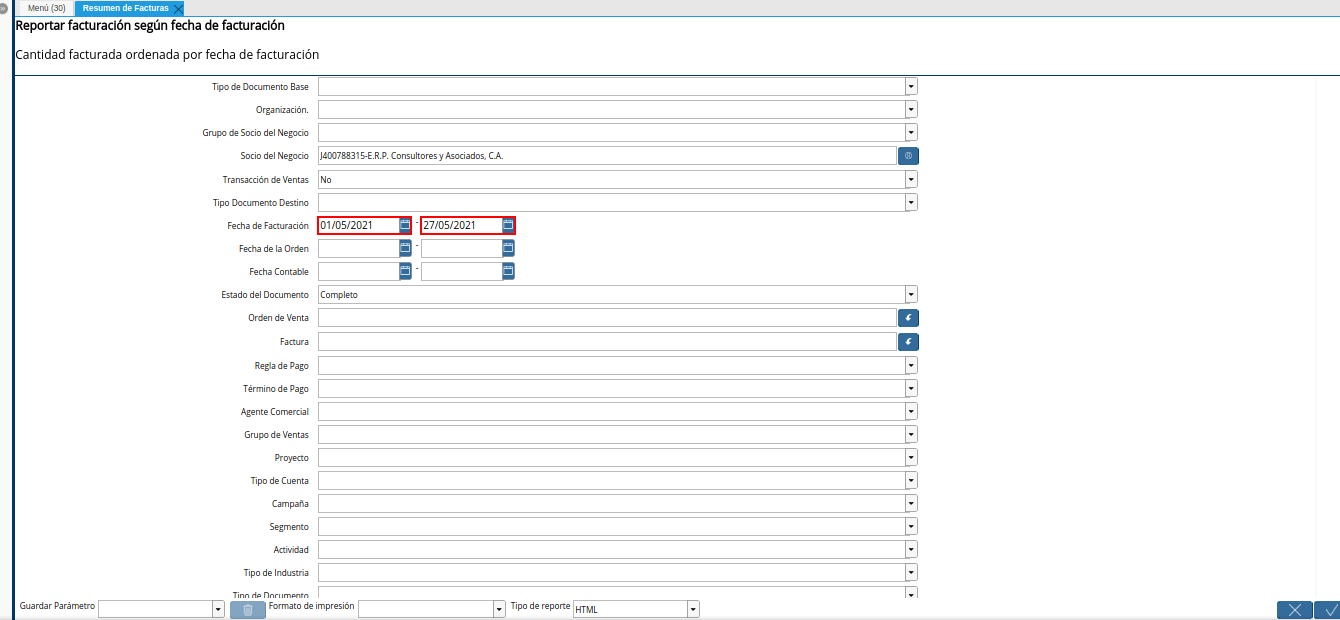campo fecha de facturación del reporte resumen de facturas