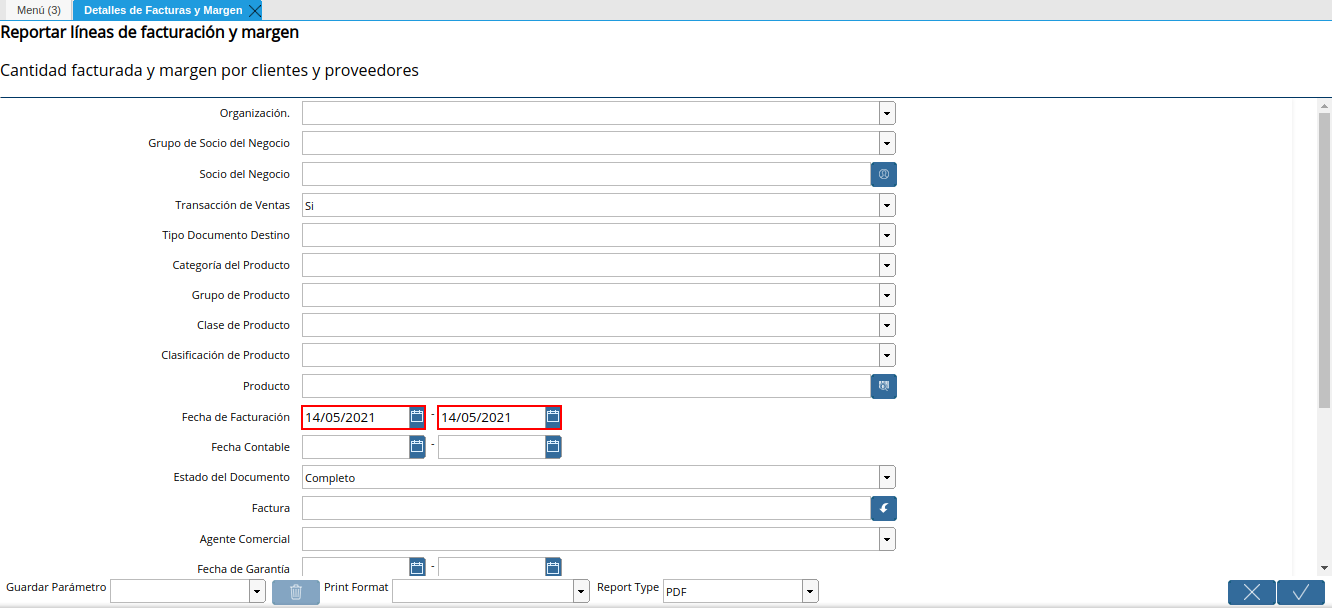 campo fecha de facturación del reporte detalles de facturas y margen