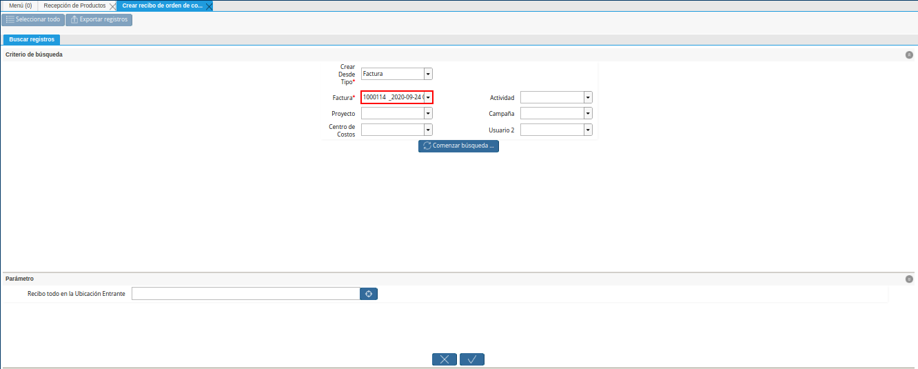 campo factura de la ventana crear recibo de orden de compra o rma