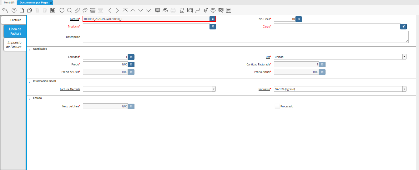 campo factura de la pestaña linea de factura