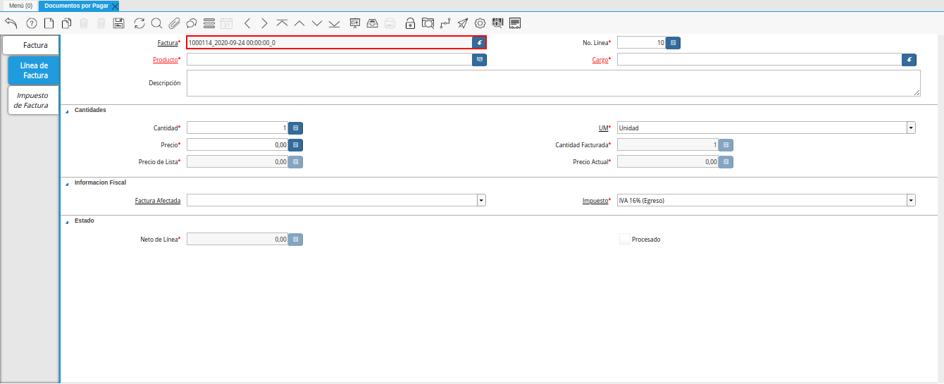 campo factura de la pestaña linea de factura