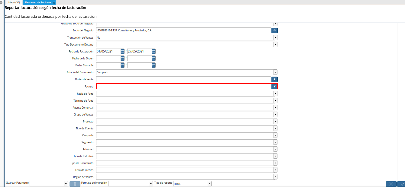 campo factura del reporte resumen de facturas