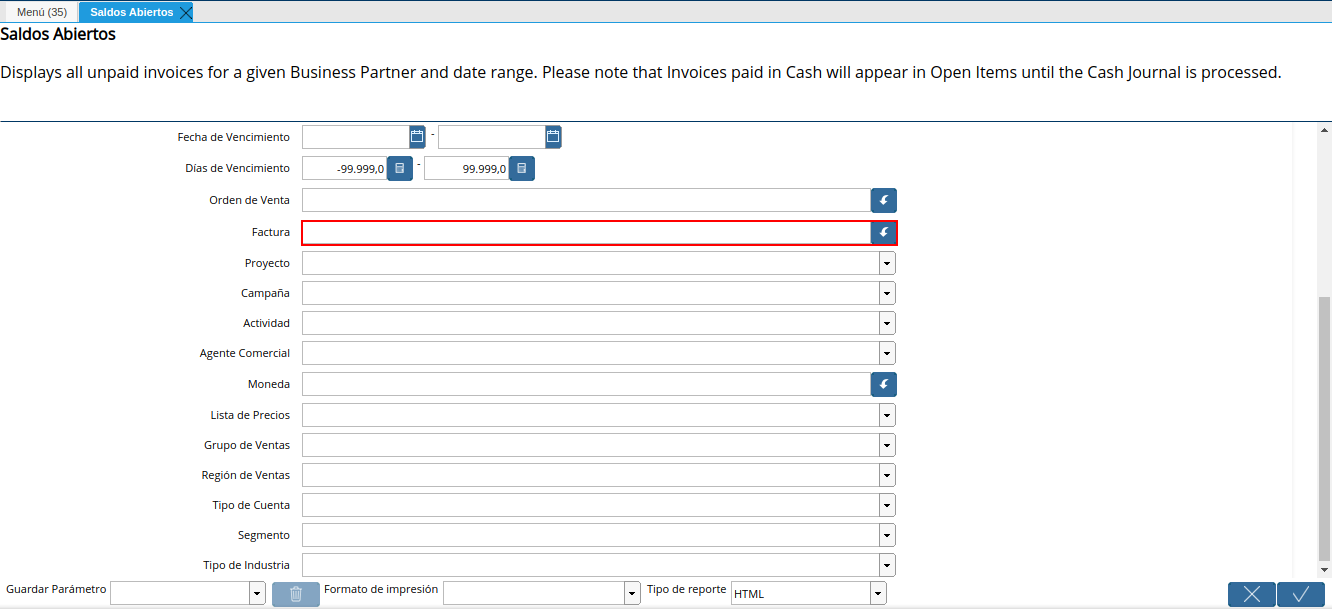 campo factura del reporte de saldos abiertos