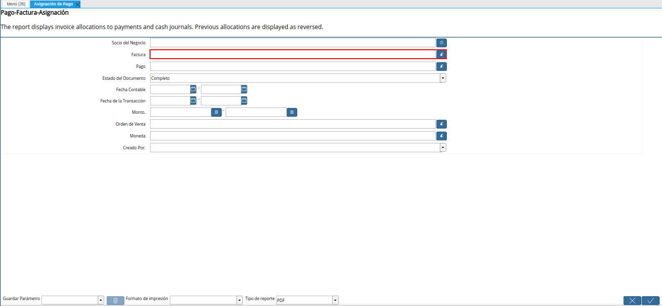 campo factura del reporte asignación de pago