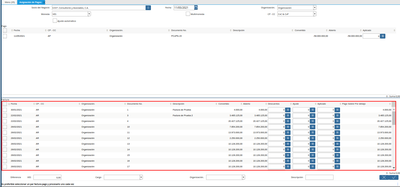 campo factura de la ventana asignación de pagos