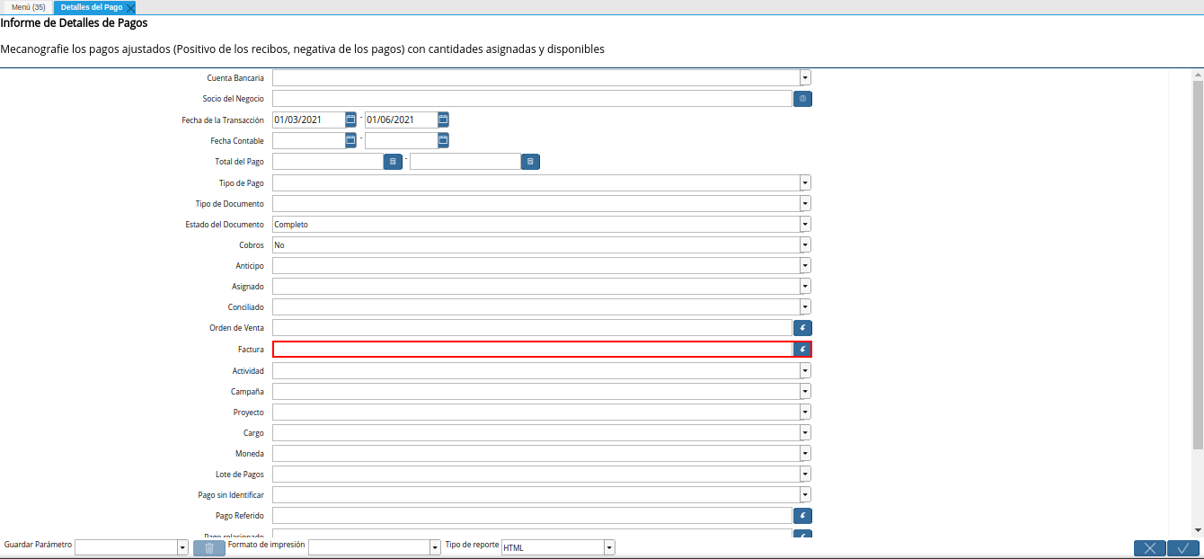 campo factura del reporte detalles del pago