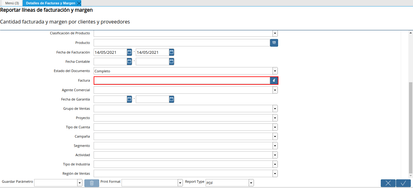 campo factura del reporte detalles de facturas y margen