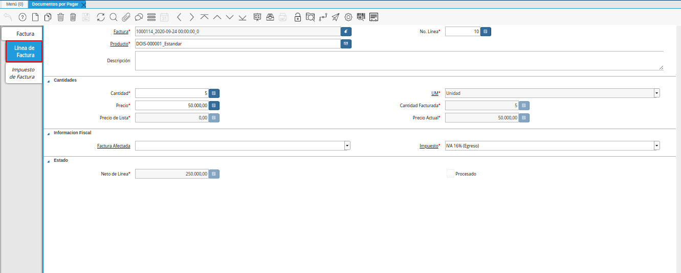 pestaña linea de factura para entrega de la ventana documentos por pagar