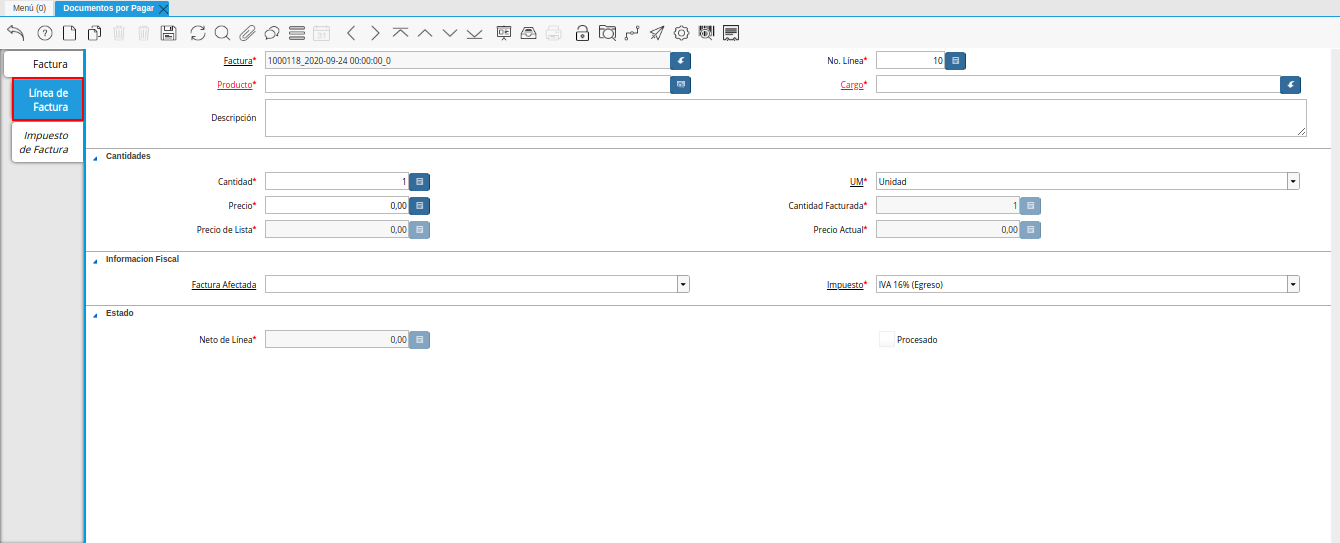 pestaña linea de factura de la ventana documentos por pagar
