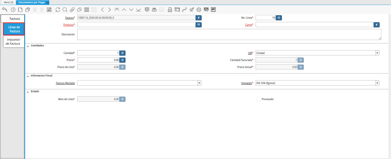 pestaña linea de factura de la ventana documentos por pagar