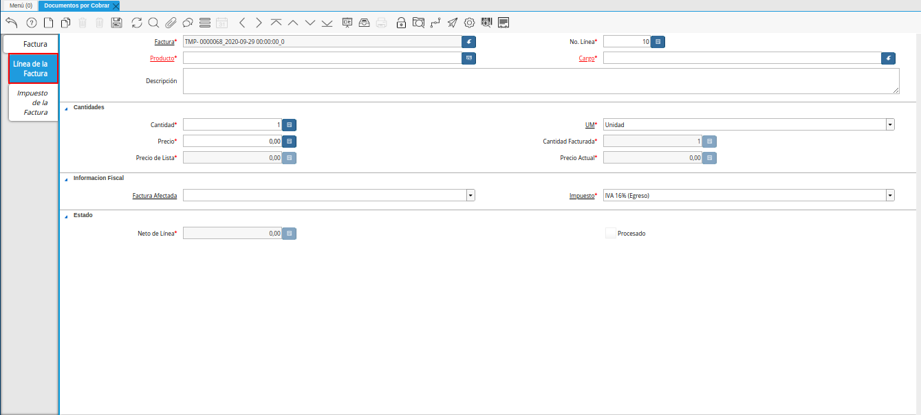 Pestaña Línea de la Factura