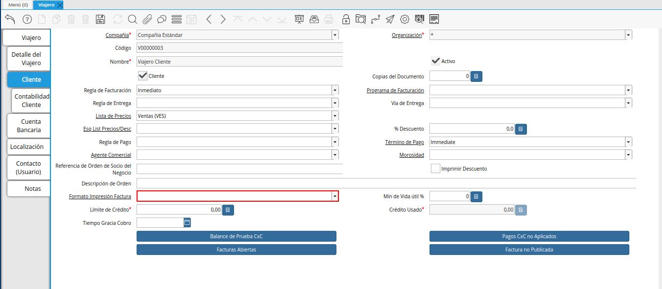 campo formato de impresión factura de la pestaña cliente