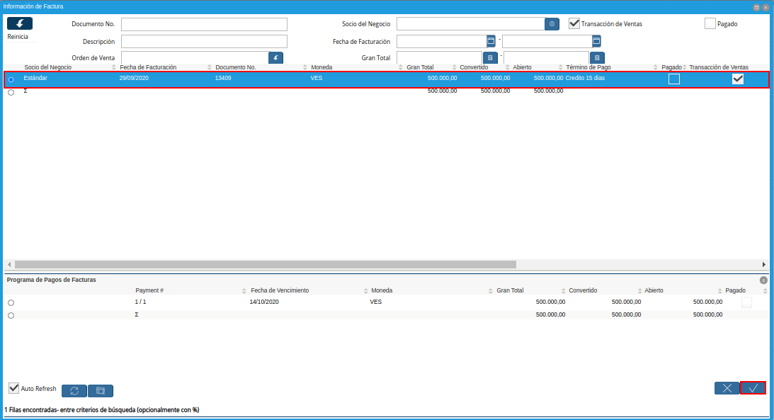 Selección de Factura y Opción OK