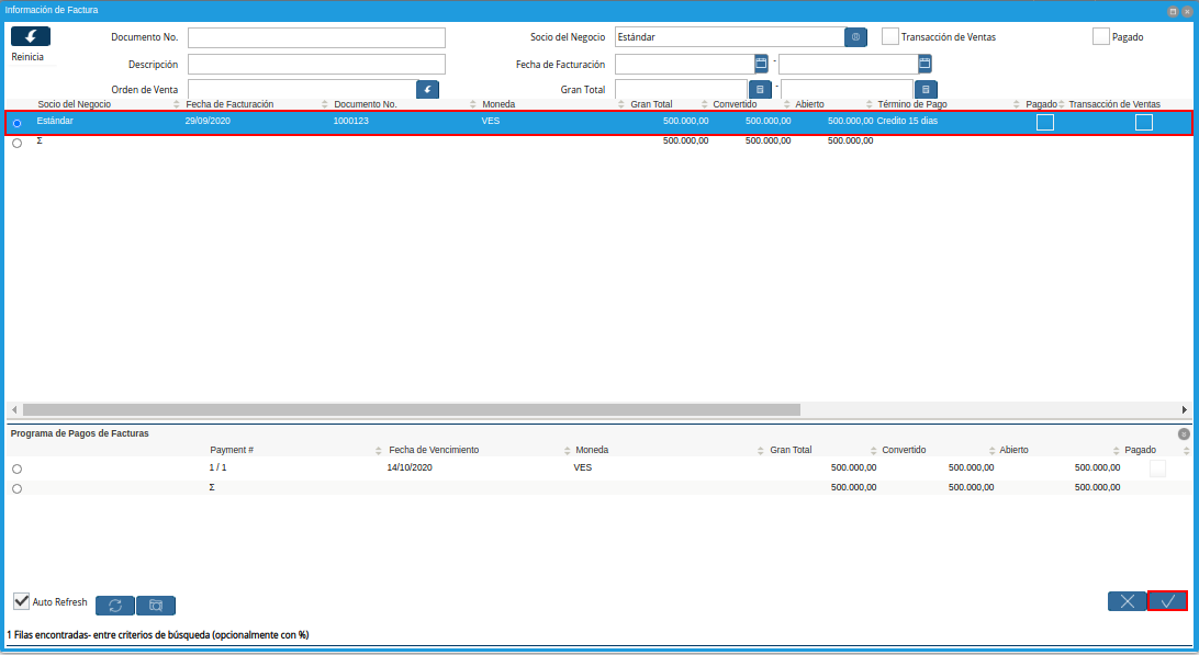 Selección de Factura y Opción OK