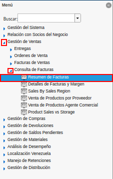 menú del reporte resumen de facturas