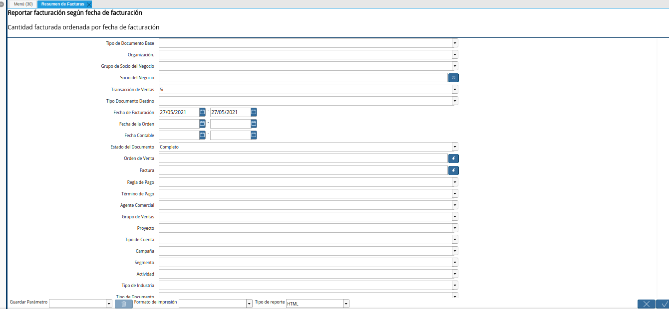 ventana del reporte resumen de facturas