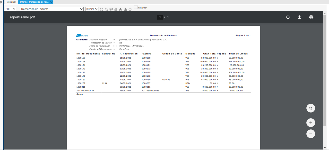 reporte resumen de facturas