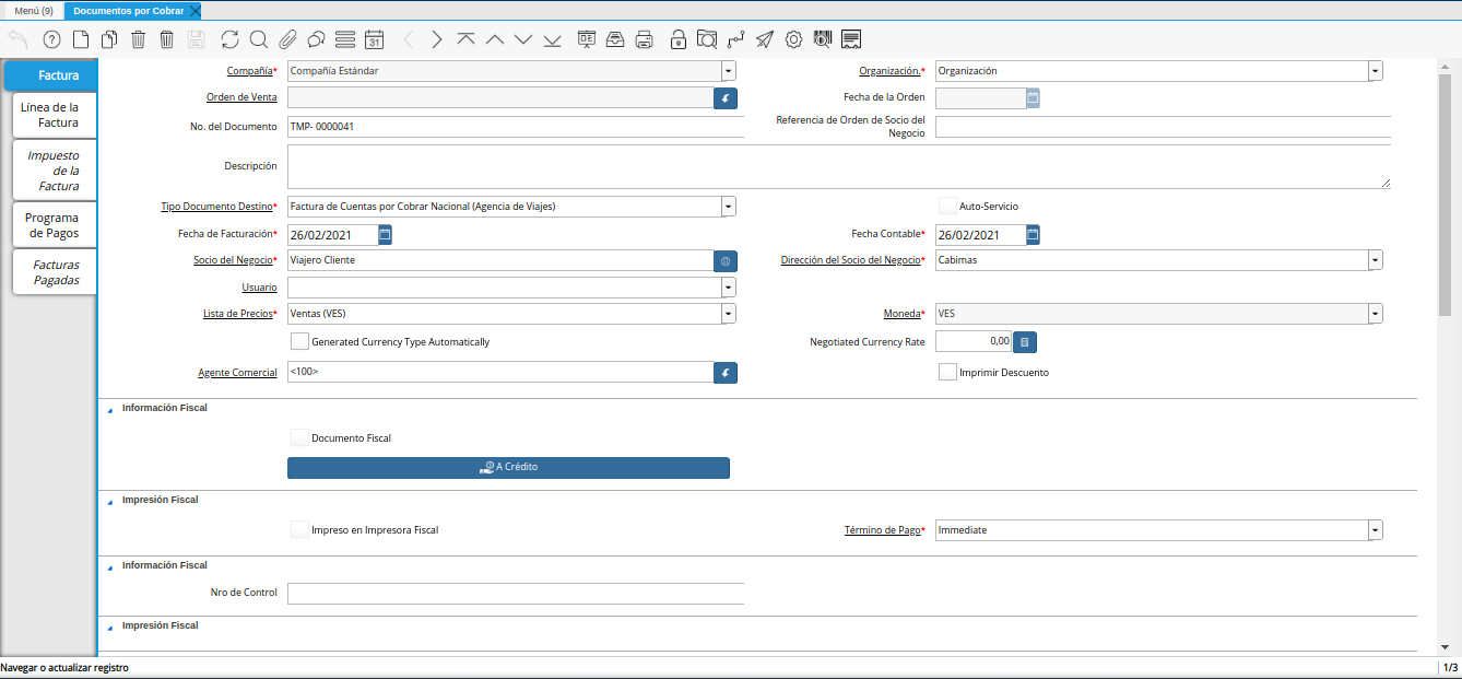 pestaña factura de la ventana documentos por cobrar