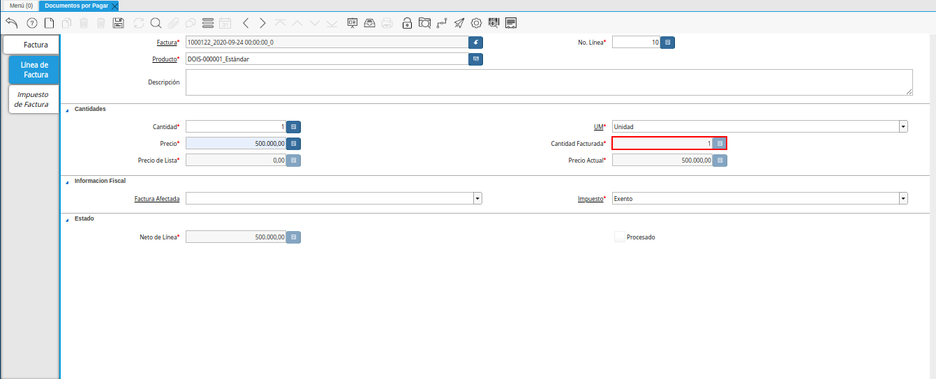 campo cantidad facturada de la pestaña linea de factura débito