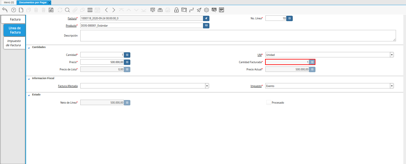 campo cantidad facturada de la pestaña linea de factura