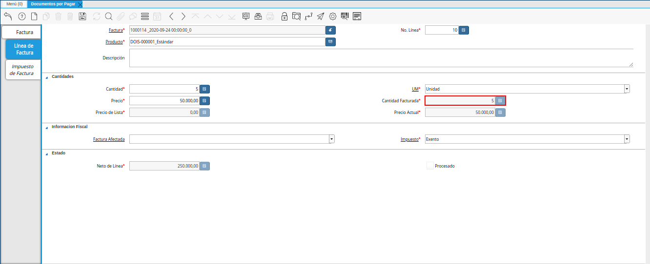 campo cantidad facturada de la pestaña linea de factura