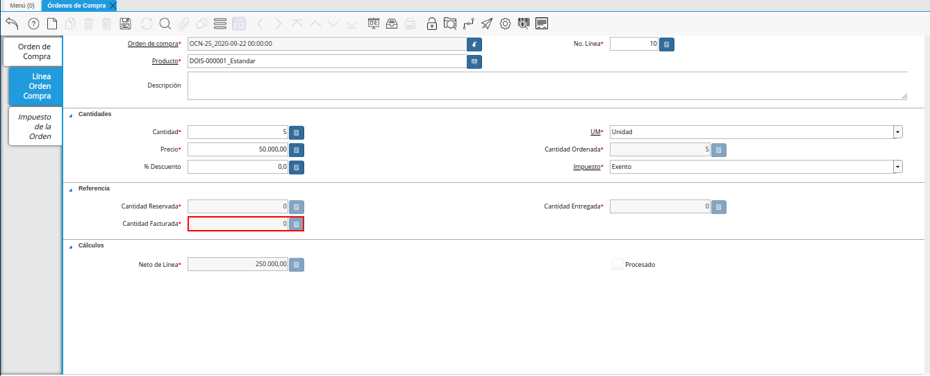 campo cantidad facturada de la ventana órdenes de compra