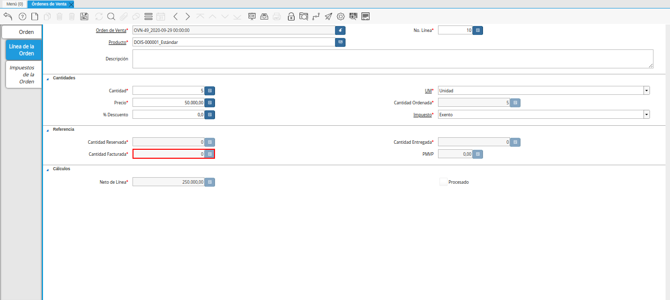 campo cantidad facturada de la ventana órdenes de venta