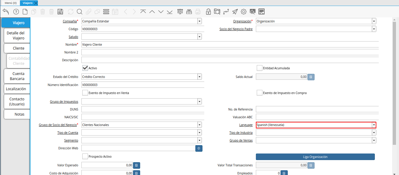 campo idioma de la ventana viajero
