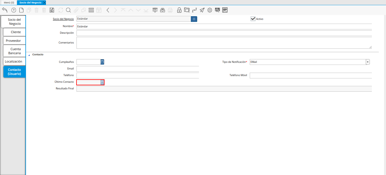 Campo Último Contacto de la Pestaña Contacto del Registro Proveedor