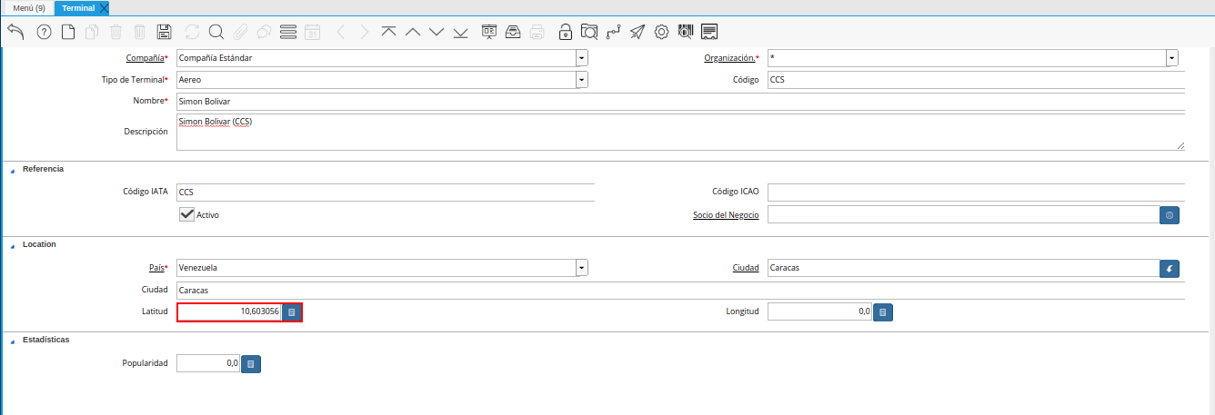 campo latitud de la ventana terminal