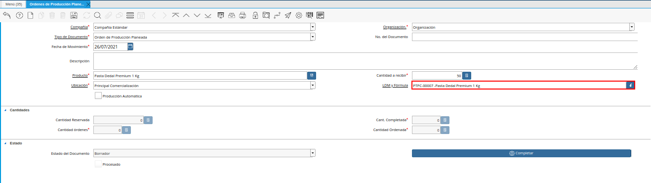 Campo LDM y Fórmula de la Ventana Órdenes de Producción Planeadas