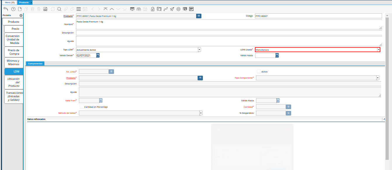 Campo LDM Usada del Producto de la Pestaña LDM
