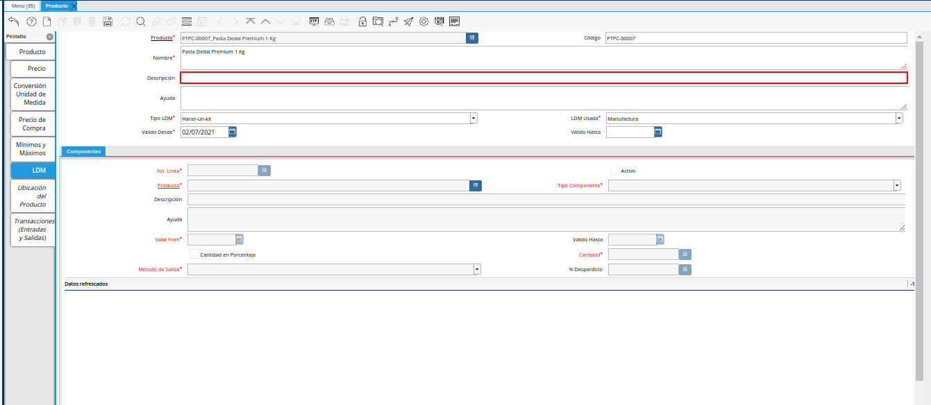 Campo Descripción del Producto de la Pestaña LDM
