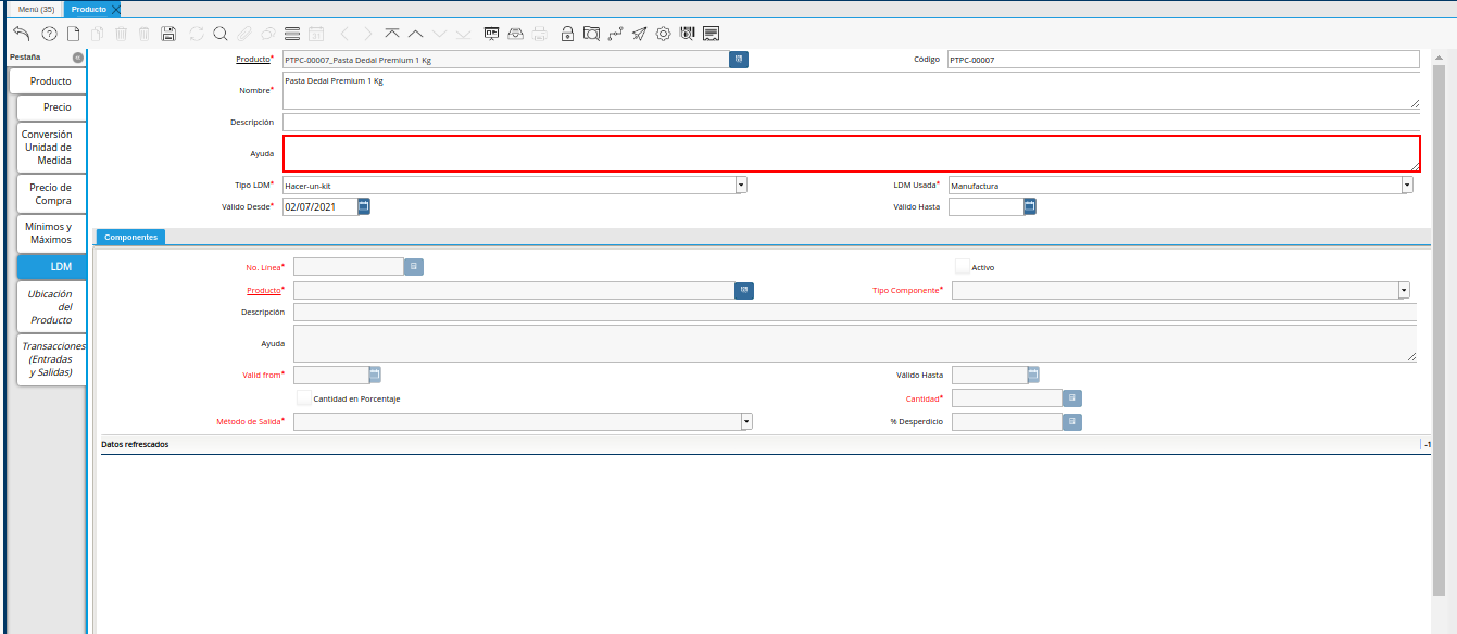Campo Ayuda del Producto de la Pestaña LDM