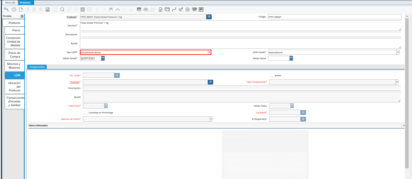 Campo Tipo LDM del Producto de la Pestaña LDM