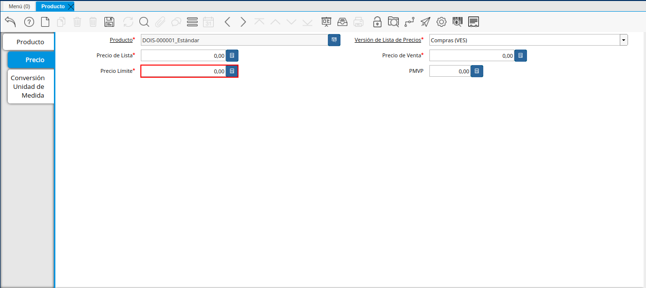 Campo Precio de Límite de la Pestaña Precio de la Ventana Producto