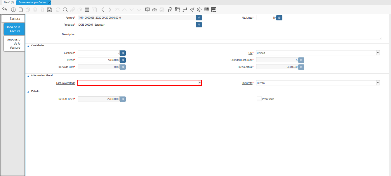 campo factura afectada línea