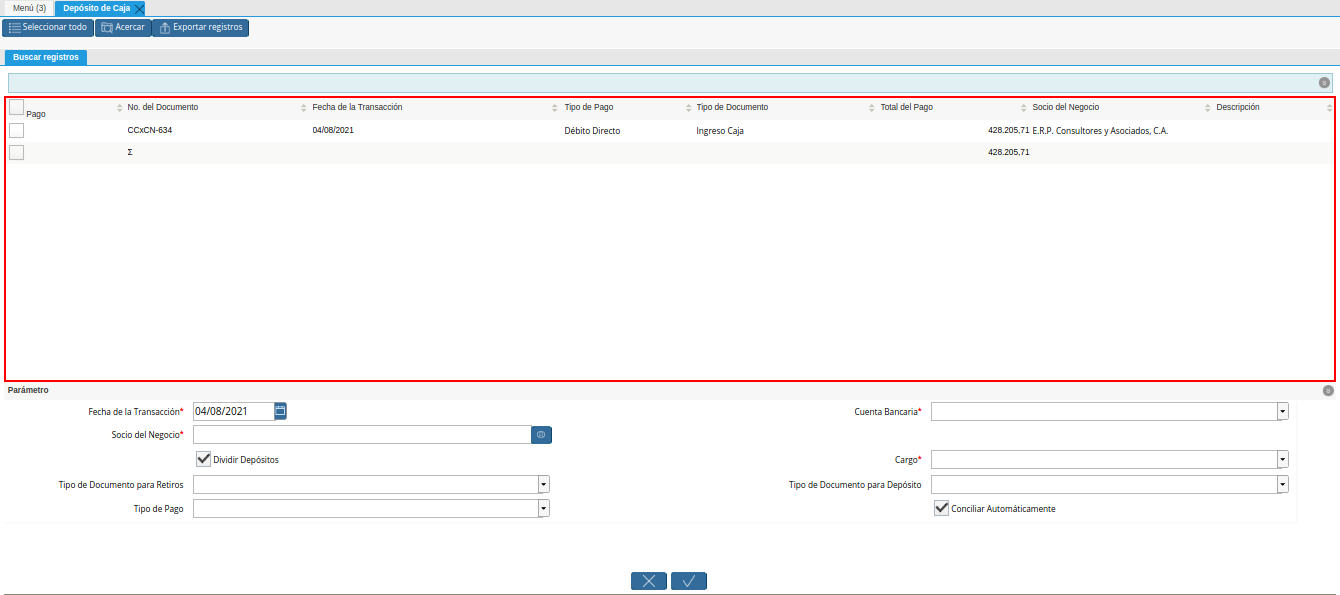 listado de movimientos de la ventana deposito a caja