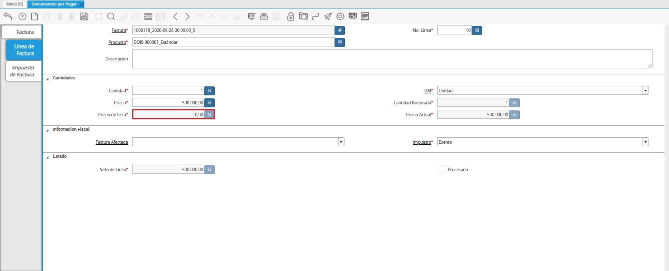 campo precio de lista de la pestaña linea de factura