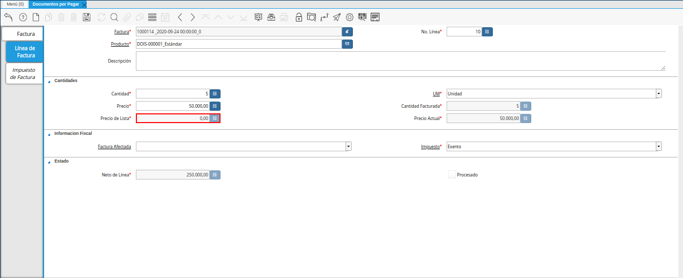 campo precio de lista de la pestaña linea de factura