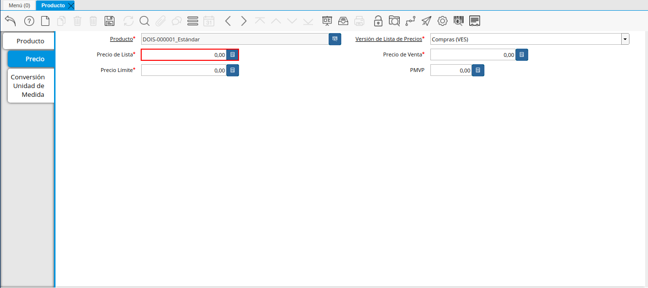 Campo Precio de Lista de la Pestaña Precio de la Ventana Producto