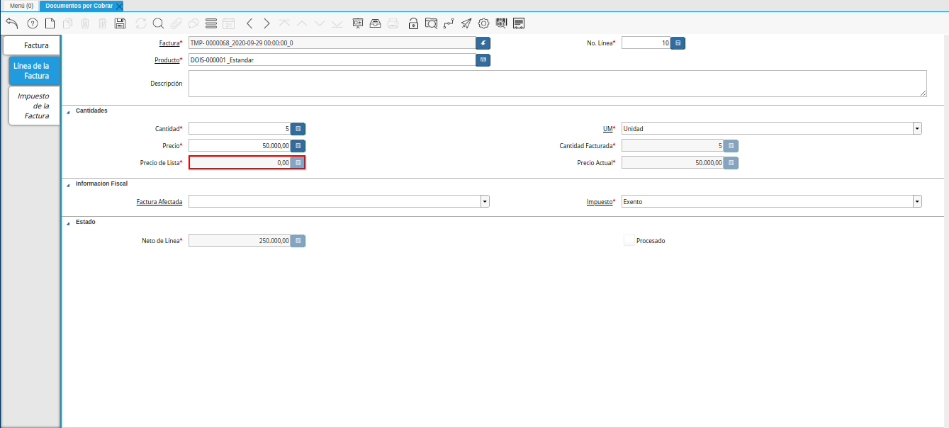 campo precio de lista