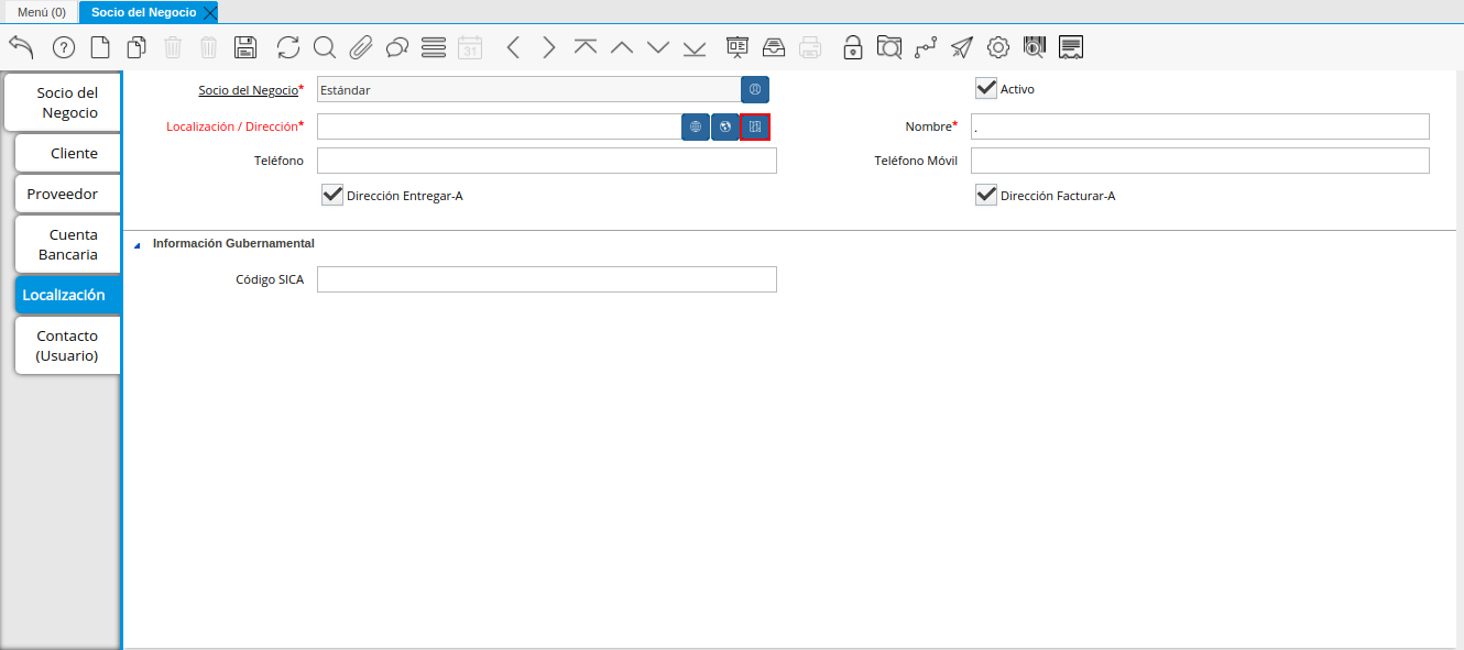 Campo Ubicación Dirección de la Pestaña Localización del Registro Cliente