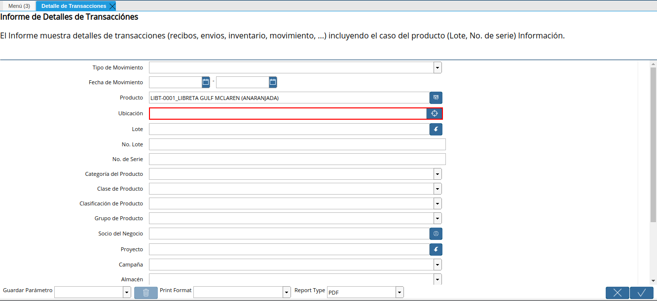 campo ubicación de la ventana detalle de transacciones