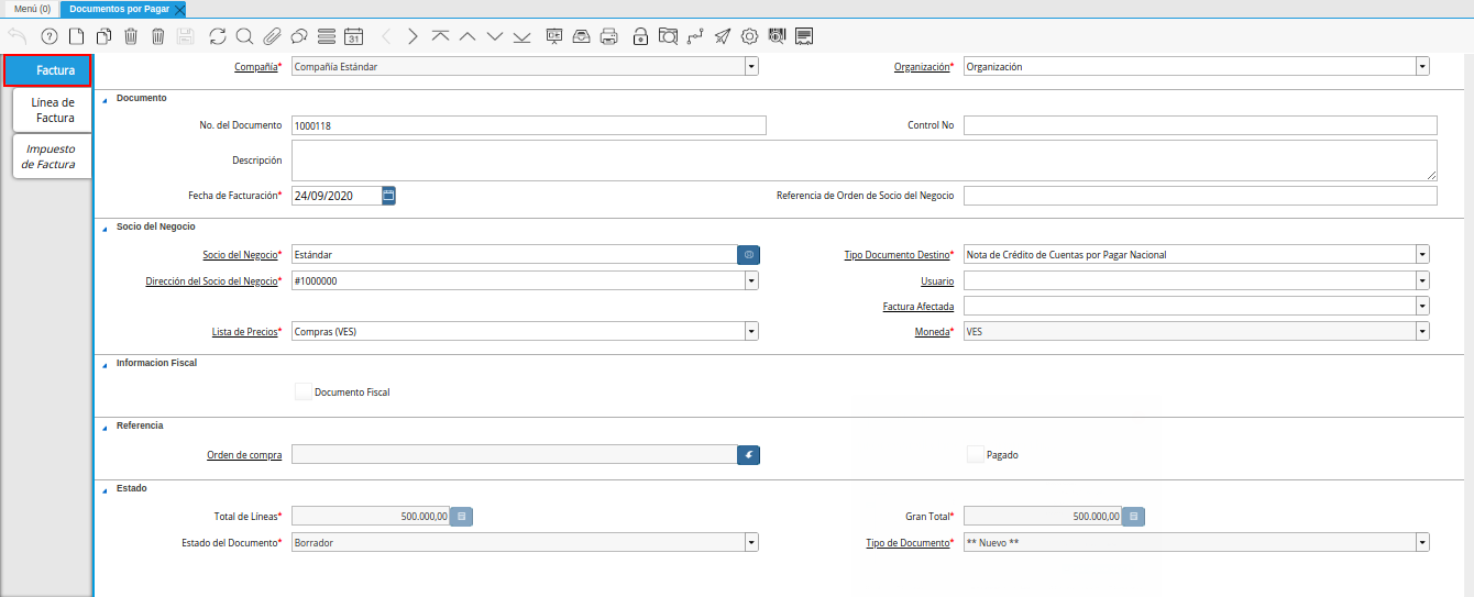 pestaña principal factura