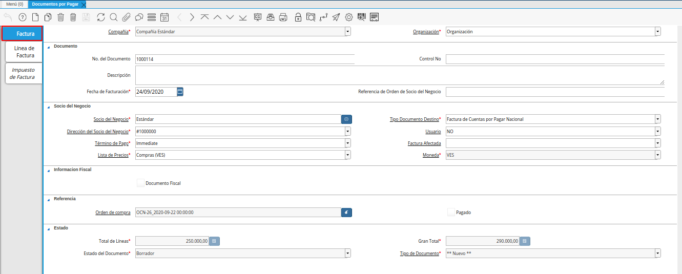 pestaña principal factura