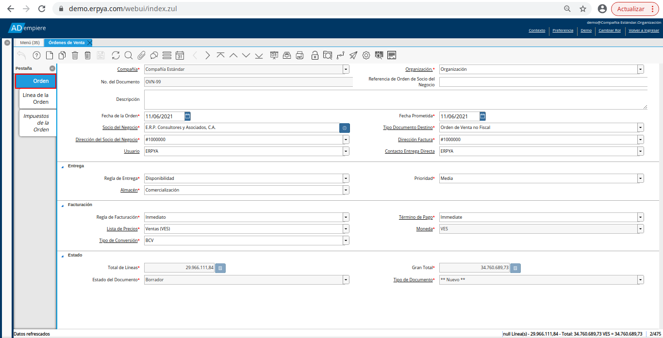 pestaña principal de la orden de venta no fiscal