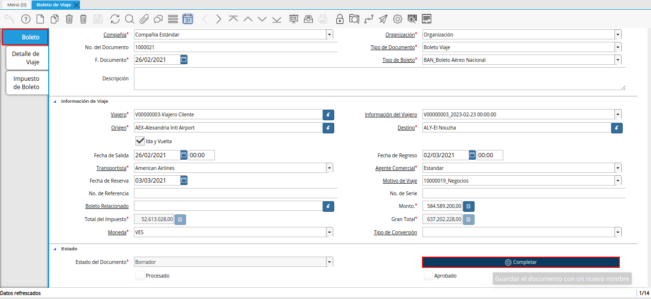 pestaña principal boleto y opción completar de la ventana boleto de viaje